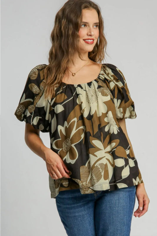 Umgee Full Size Print Round Neck Puff Sleeve Top Plus Size CAMEL MIX