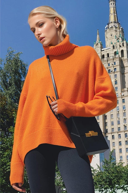 Basic Bae Turtleneck Dropped Shoulder Long Sleeve Sweater Orange One Size