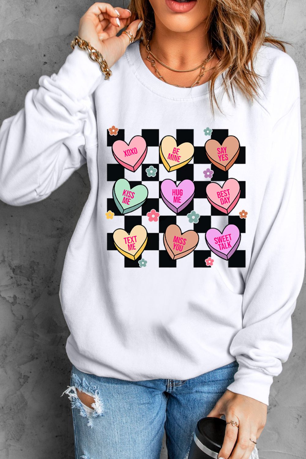 Valentine's Day Checkered Heart Long Sleeve Sweatshirt White