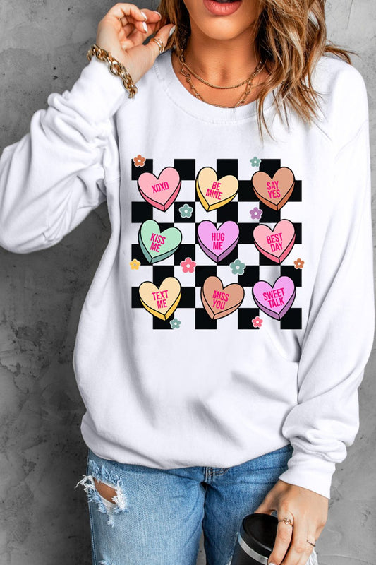 Valentine's Day Checkered Heart Long Sleeve Sweatshirt White