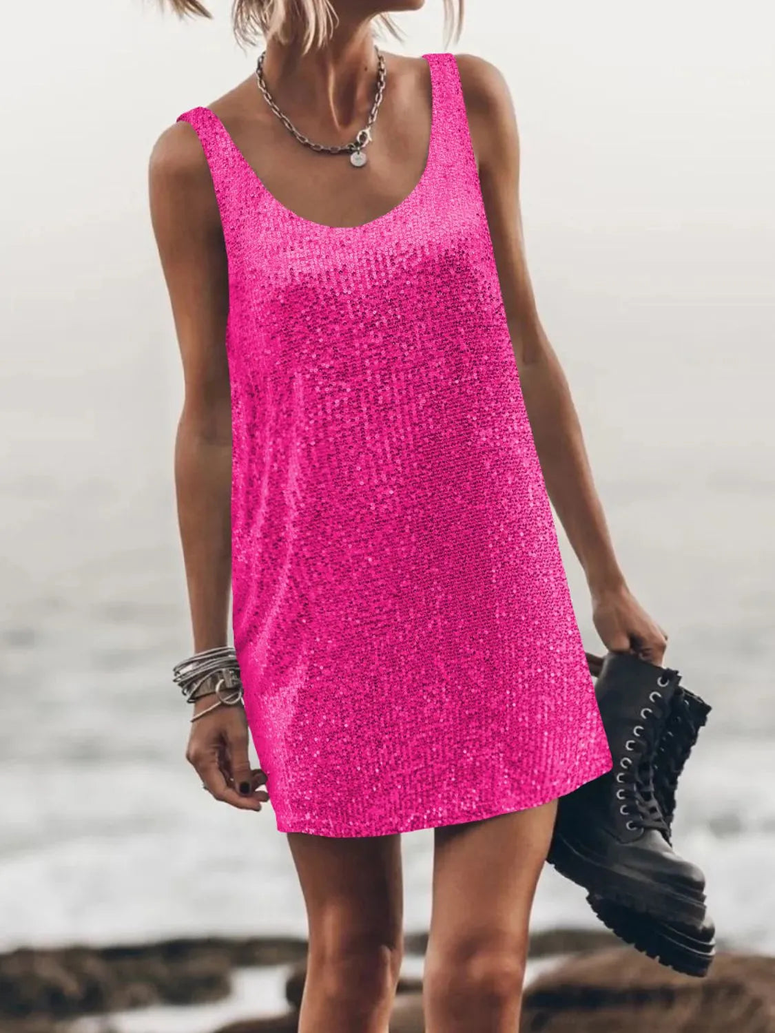 Sequin Scoop Neck Mini Dress