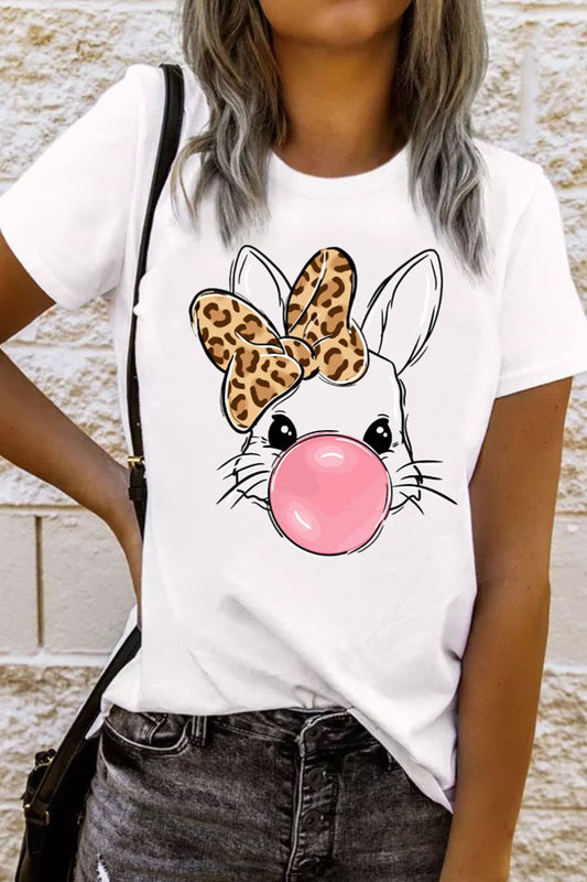 Leopard Bow Rabbit Graphic Round Neck Short Sleeve T-Shirt White