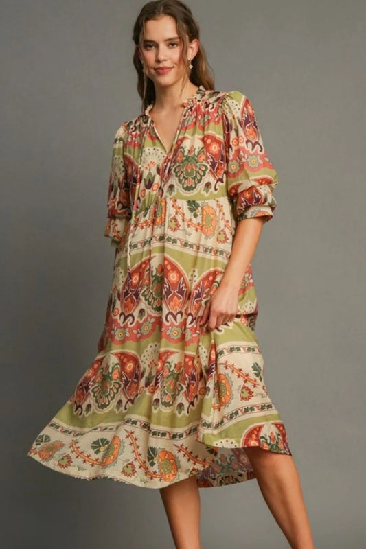 Umgee Full Size Tiered Border Print Midi Dress Plus Size GREEN MIX