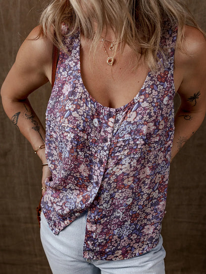 Floral Print Button Front Tank Top Mauve