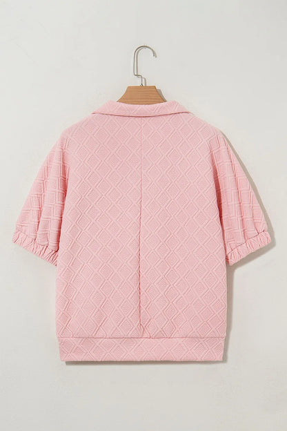 Contrast Striped Collar Patchwork Textured Half Sleeve Blouse
