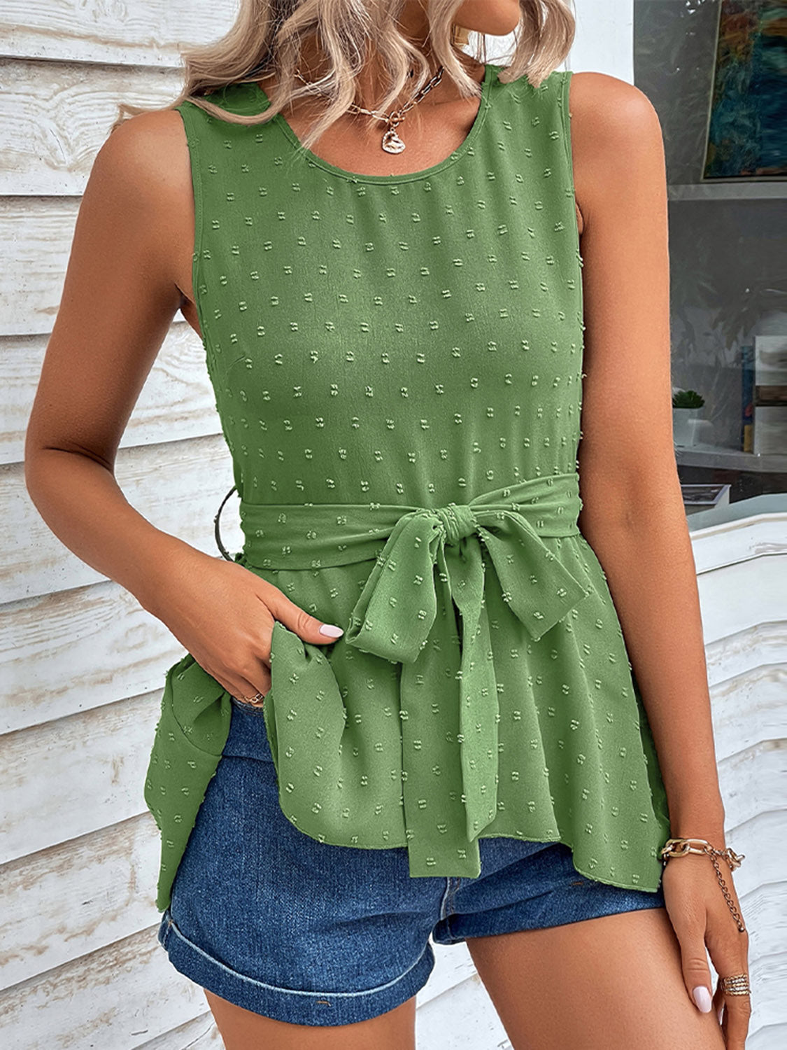 Shiny Swiss Dot Tie Waist Tank Top Mid Green