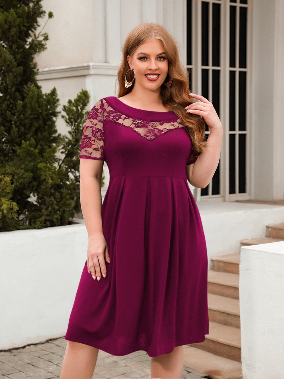 Plus Size Ruched Round Neck Short Sleeve Dress Hot Pink