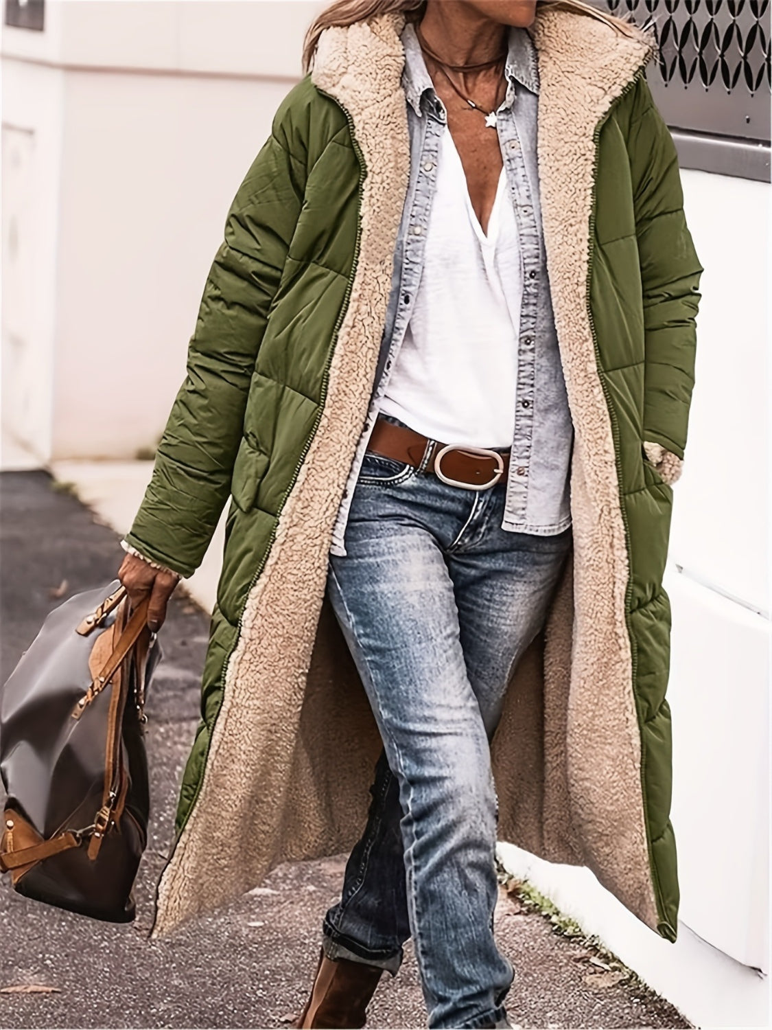 Full Size Zip Up Sherpa Hooded Coat Matcha Green