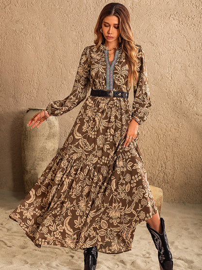 Ruched Printed Notched Long Sleeve Maxi Dress Taupe