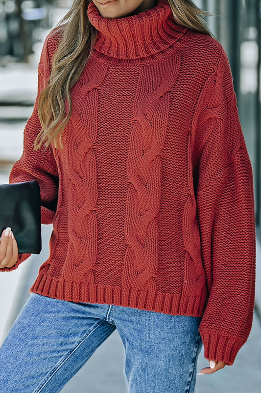 Cable-Knit Turtleneck Dropped Shoulder Sweater Rust