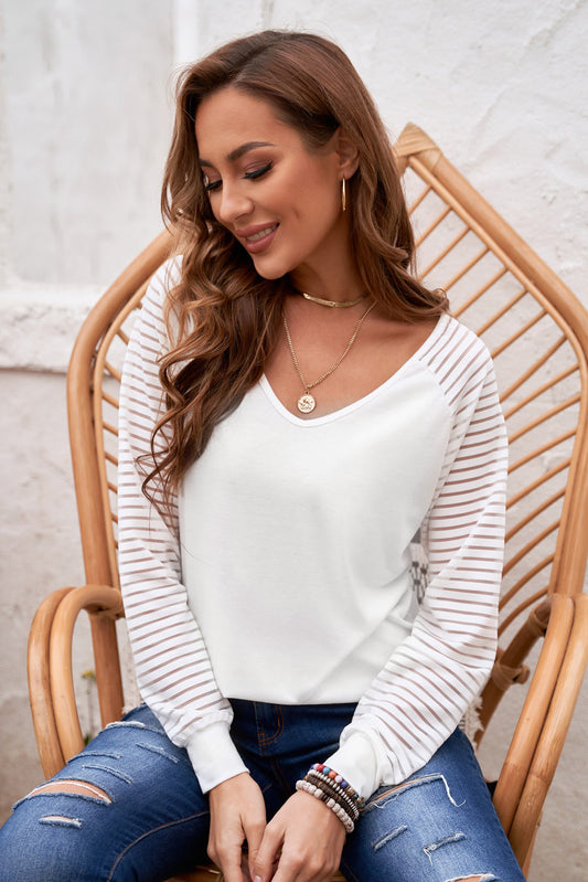 Sheer Striped V-Neck Top White