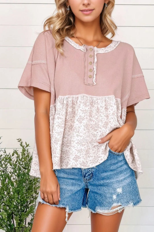 Waffle Floral Patchwork Exposed Seam Detail Short Sleeve Top Dusty Pink