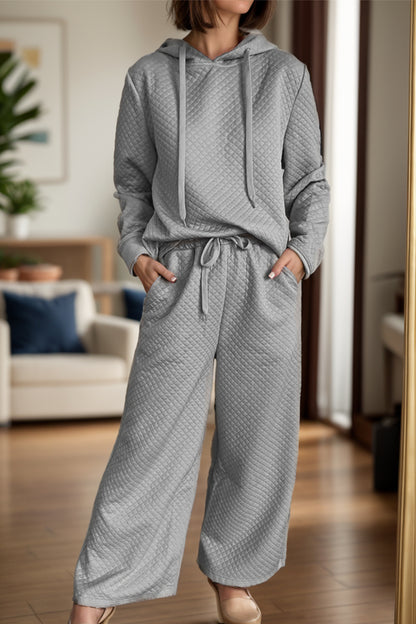 Drawstring Long Sleeve Hooded Top and Pants Set Gray