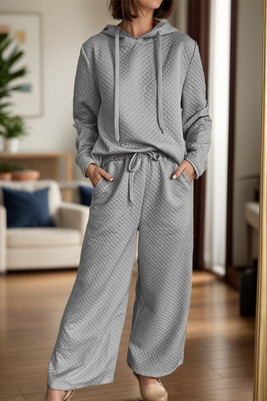 Drawstring Long Sleeve Hooded Top and Pants Set Gray