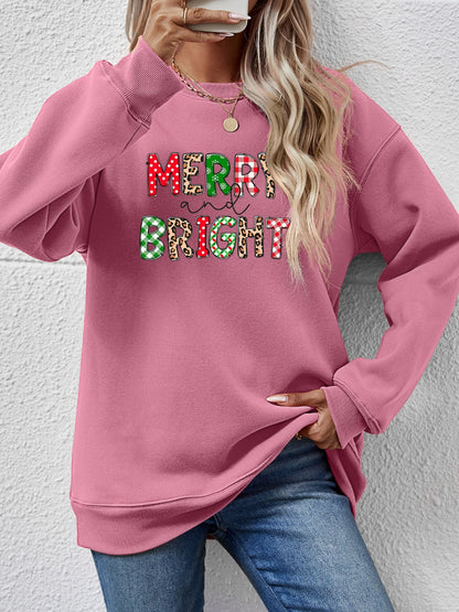 MERRY AND BRIGHT Round Neck Sweatshirt Pink Purple