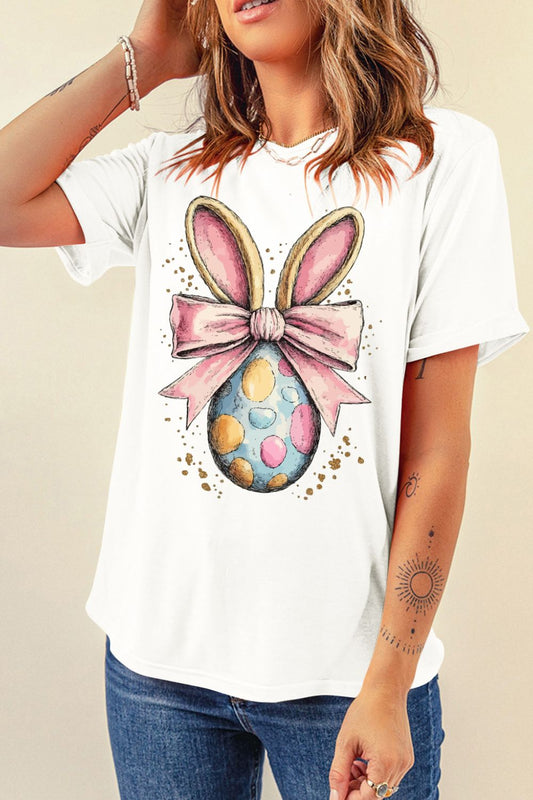 Easter Egg Bow Bunny Ear Graphic T-Shirt White