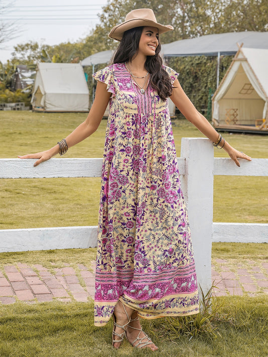 Ruffled Printed Tie Neck Cap Sleeve Dress Red-Violet