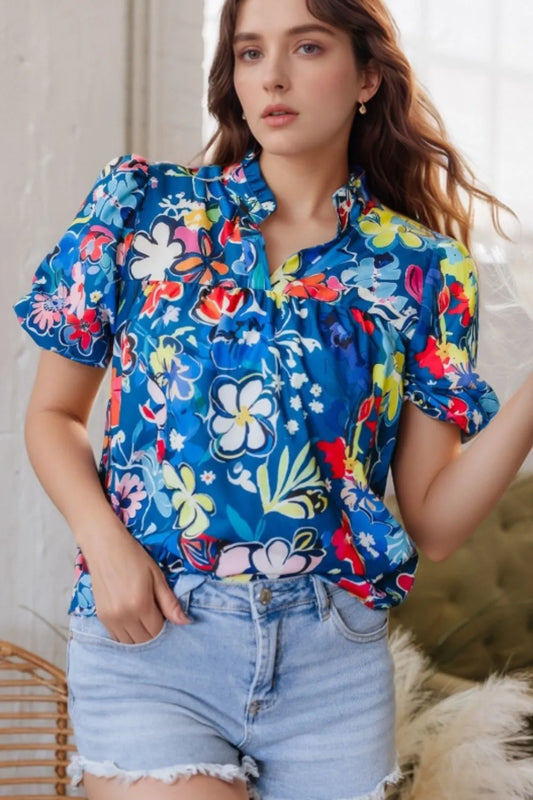 Floral Print Ruffle Sleeve Loose Blouse Royal Blue