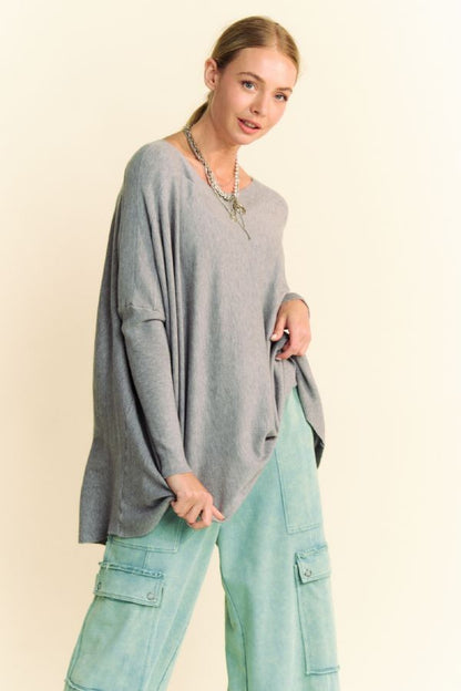 Davi & Dani Round Neck Dropped Shoulder Long Sleeve Knit Top Gray