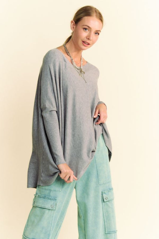 Davi & Dani Round Neck Dropped Shoulder Long Sleeve Knit Top Gray