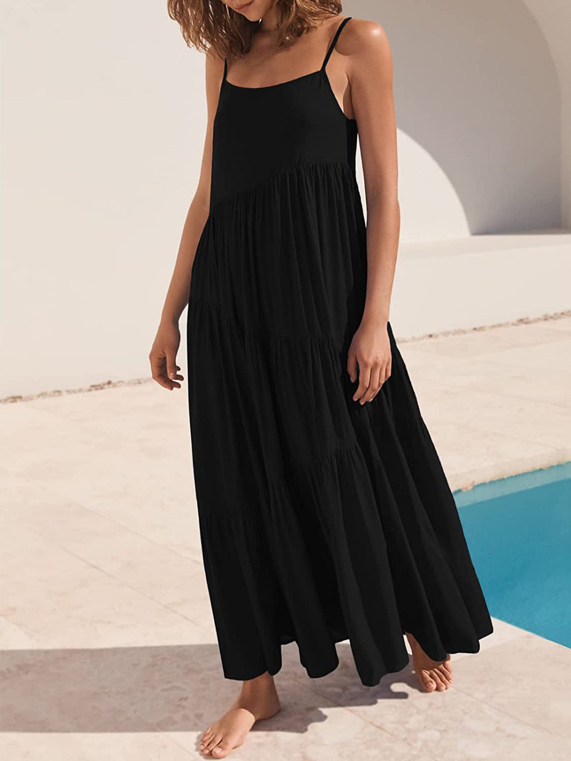 Full Size Ruched Tiered Spaghetti Strap Dress Black