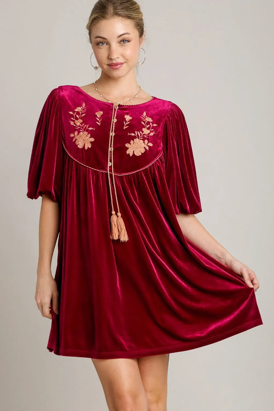 Umgee Embroidered Half Sleeve Velvet Mini Dress with Tassel Burgundy