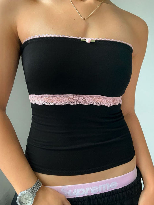 Devine Lace Detail Tube Top Black