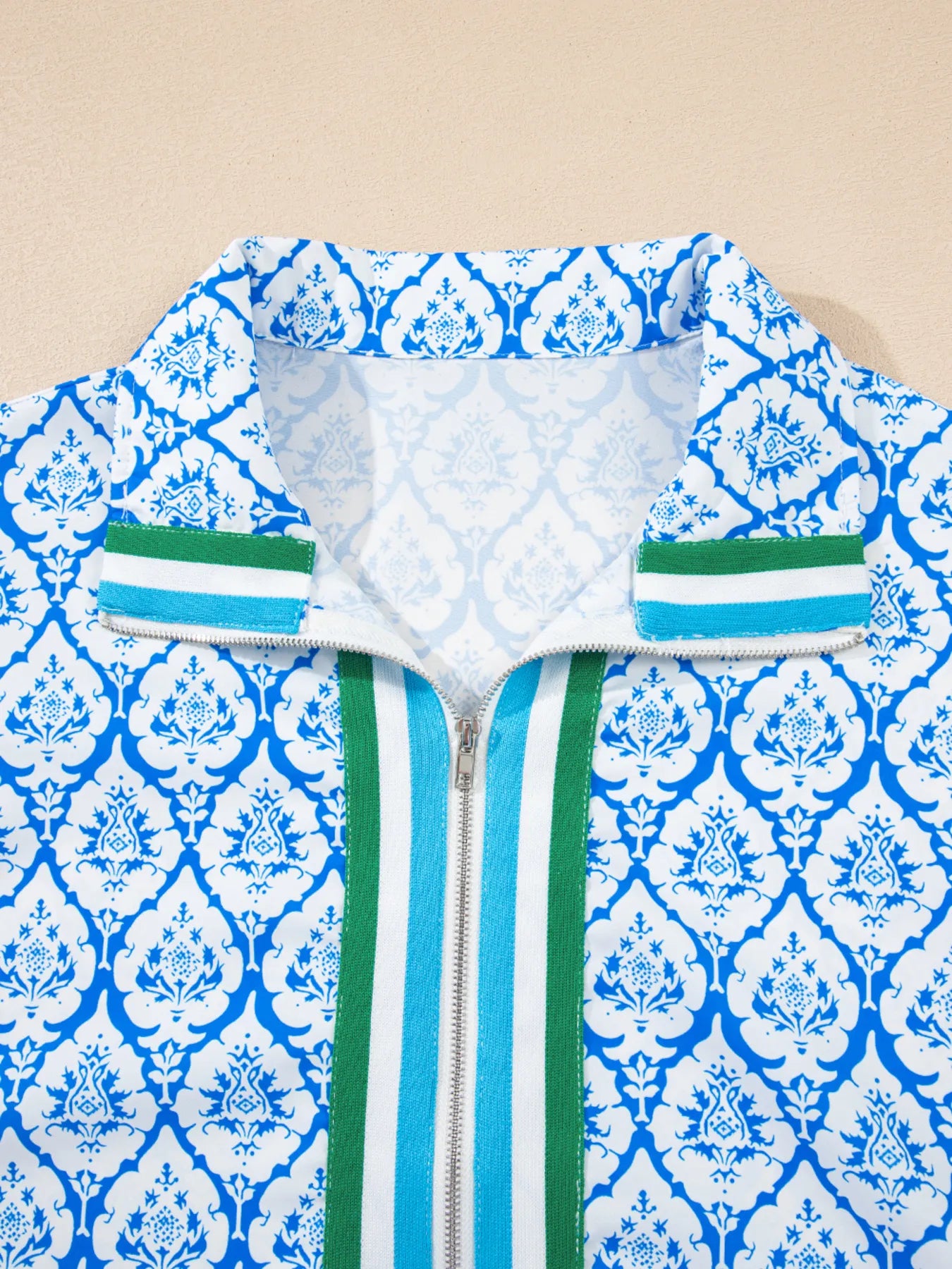 Western Print Zipped Collar Short Sleeve Summer Blouse Top