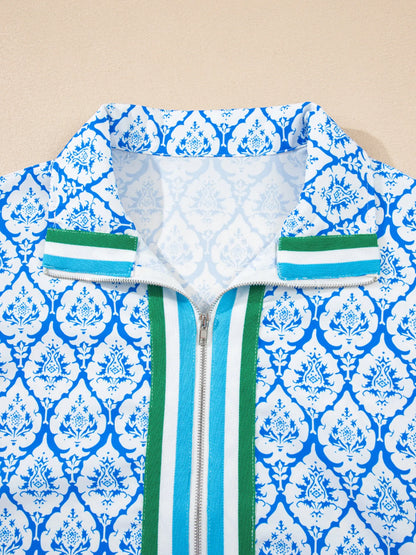 Western Print Zipped Collar Short Sleeve Summer Blouse Top