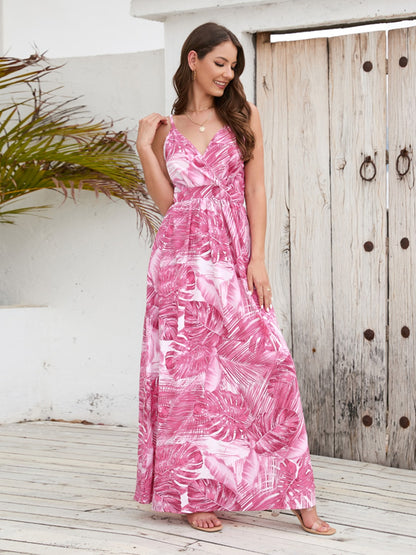 Printed Surplice Spaghetti Strap Dress Pink