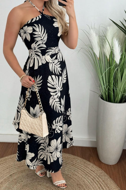 Smocked Printed Halter Neck Dress Black
