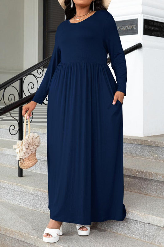 Plus Size Round Neck Long Sleeve Maxi Dress with Pockets Navy