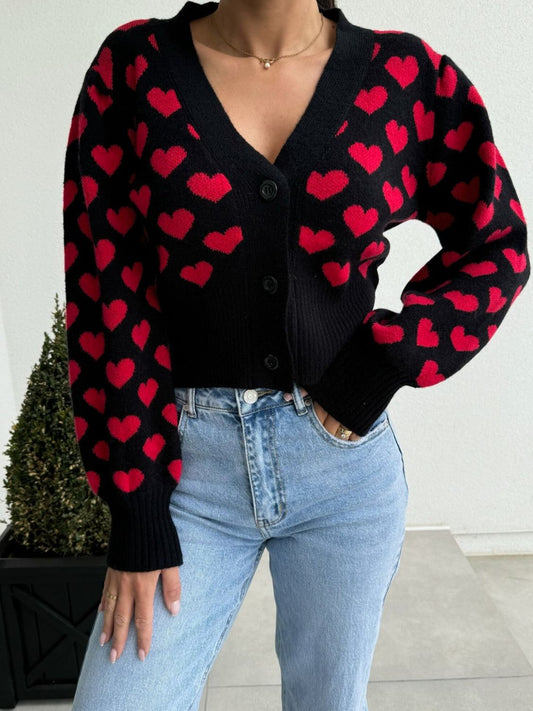 Valentine’s Day Heart V-Neck Cropped Cardigan Black