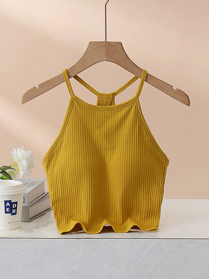 Grecian Neck Cropped Tank with Chest Pads Mustard
