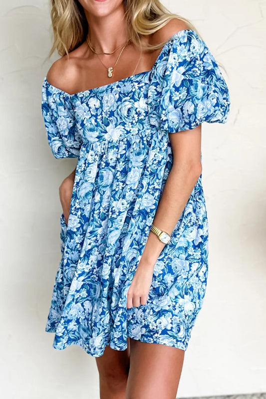 Floral Puff Sleeve Babydoll Mini Dress Sky Blue