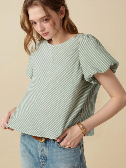 Stripe Textured Round Neck Short Puff Sleeve Blouse