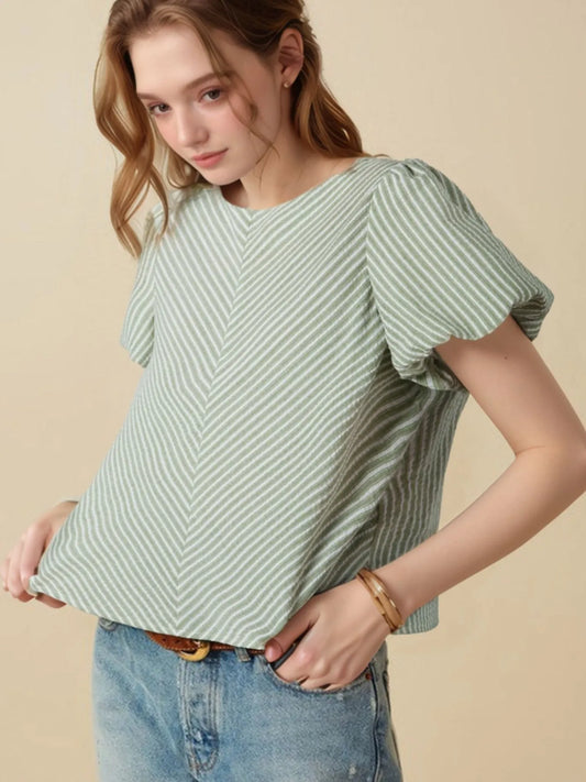 Stripe Textured Round Neck Short Puff Sleeve Blouse