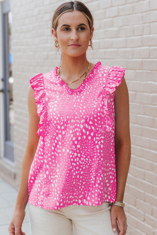 Printed V-Neck Butterfly Sleeve Tank Hot Pink
