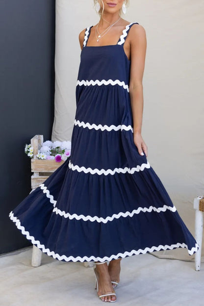 Contrast Trim Square Neck Dress Dark Blue