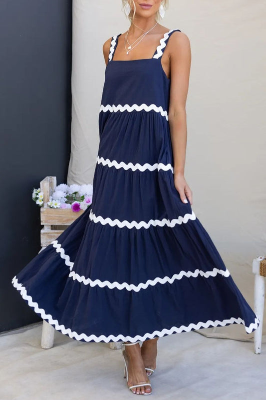 Contrast Trim Square Neck Dress Dark Blue