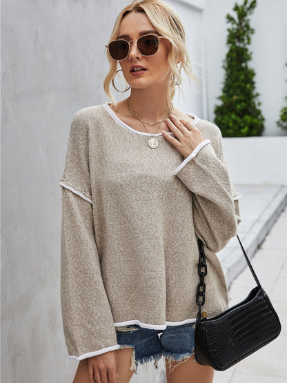 Angel Wings Boat Neck Dropped Shoulder Sweater Beige