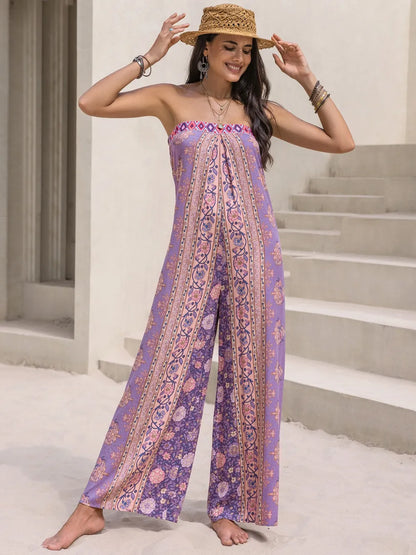 Tied Printed Tube Wide Leg Jumpsuit Lilac