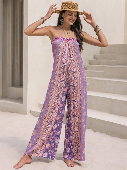 Tied Printed Tube Wide Leg Jumpsuit Lilac