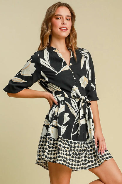 Umgee Full Size Floral Print Notched Tie Waist Mini Dress Plus Size