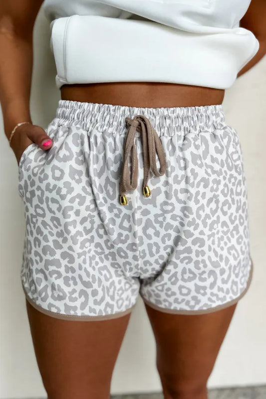 Leopard Print Drawstring Casual Shorts Khaki