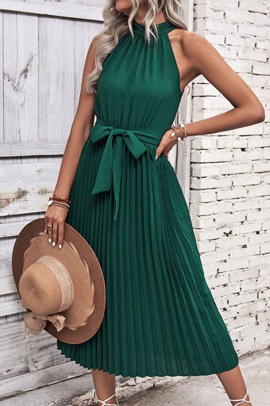 Perfee Tie Belt Pleated Midi Dress Forest