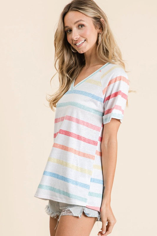 BiBi Striped V-Neck Short Sleeve T-Shirt