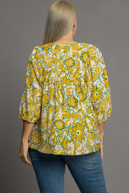 Umgee Plus Size Smocked Floral Print Tie Neck Blouse
