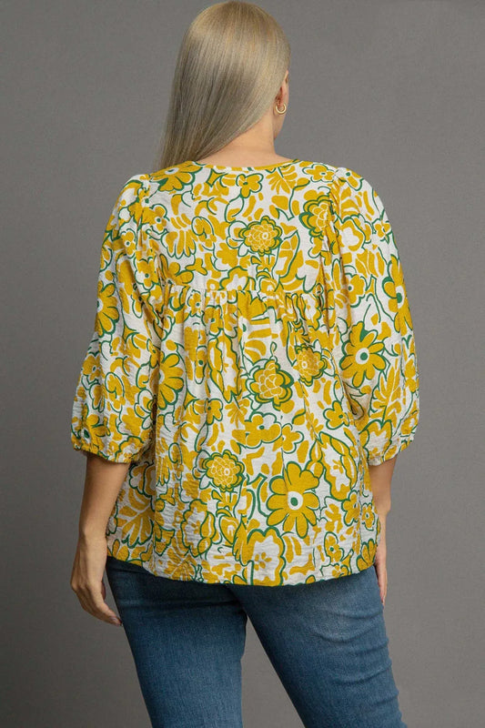 Umgee Plus Size Smocked Floral Print Tie Neck Blouse