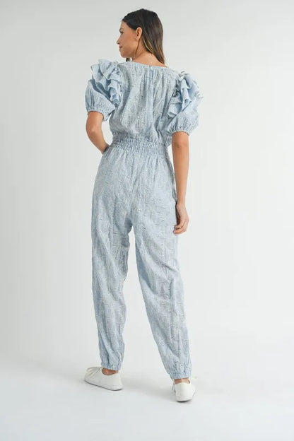 MABLE Eyelet Lace Ruffle Shoulder Jumpsuit